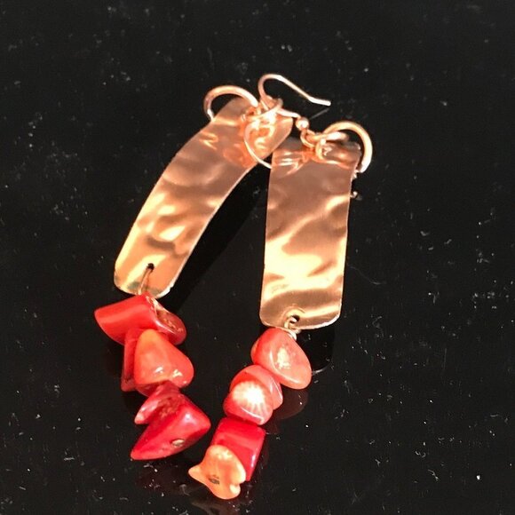 Rustic Pure Copper Earrings Red Coral Drop Dangle Handmade Artisan Beaded Gift - Picture 3 of 4